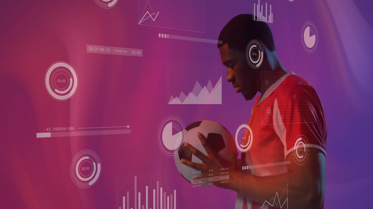 Animação de gráficos processando dados sobre jogador de futebol masculino afro-americano segurando a bola em fundo roxo