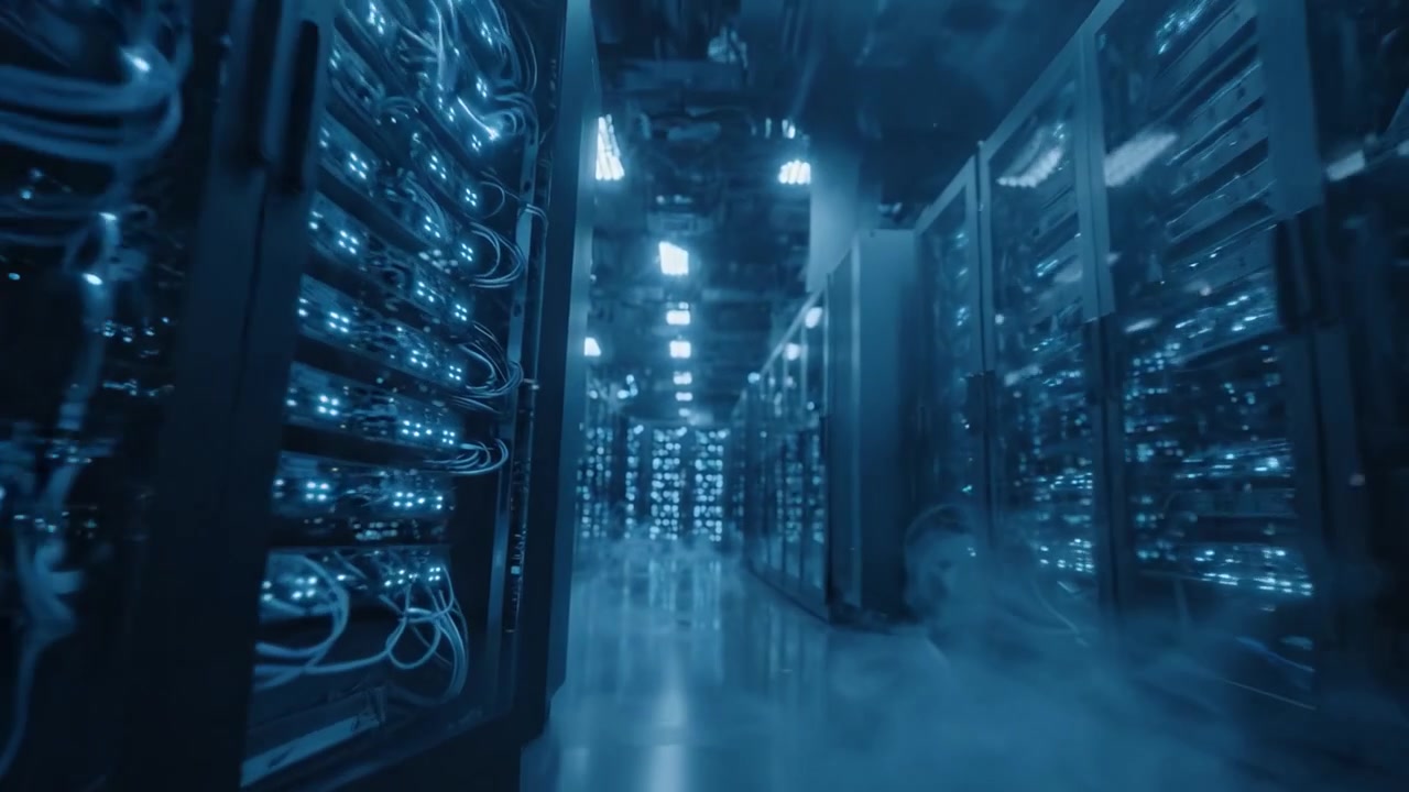 A Stunning Glimpse into a High-Tech Data Center Illuminated by Blue LEDs, Showcasing Advanced Server Racks and a Modern Digital Infrastructure