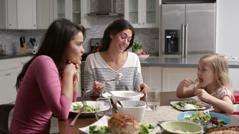 female gay couple and daughter having dinner in their kitchen, shot on r3d