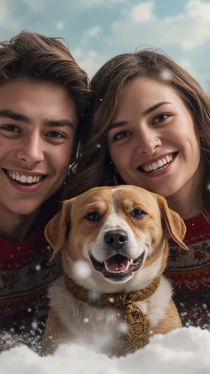 Vertical video: Smiling couple wearing sweaters leaning toward dog in studio with snow, gold collar