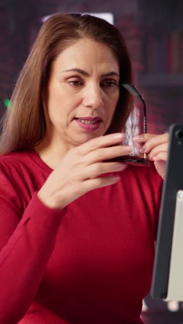 vertical video focused woman smiling and waving during a web conference at her home