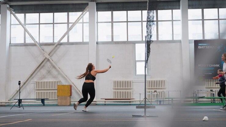 Indoor court caucasian woman practicing badminton rally with partner and coach, rapid footwork, repeated serves and smashes, net play, bright sports hall and focused group training vibe