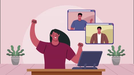 video conference animation with female worker using laptop