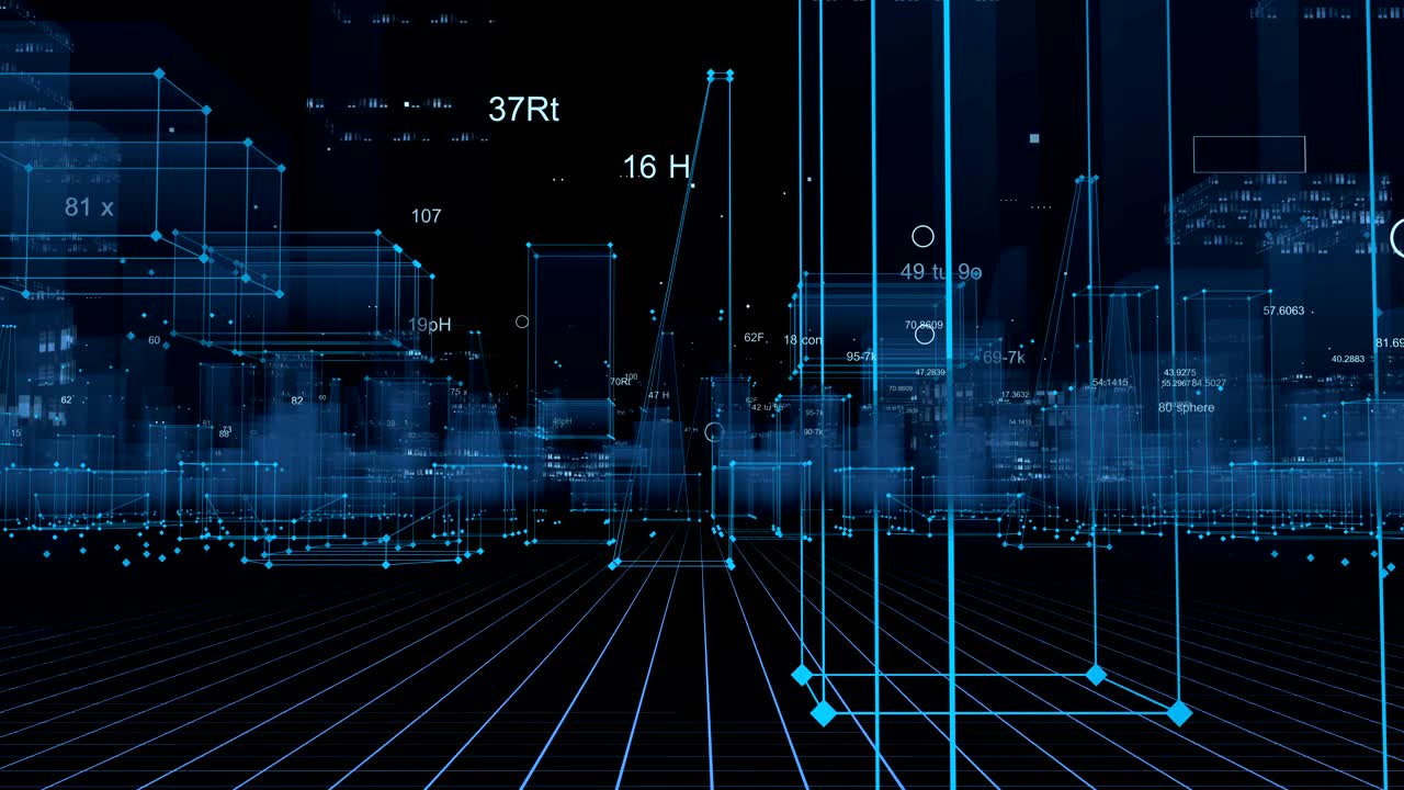 Technological digital background consisting of a futuristic city with data. looped