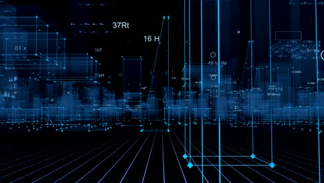 technological digital background consisting of a futuristic city with data. looped