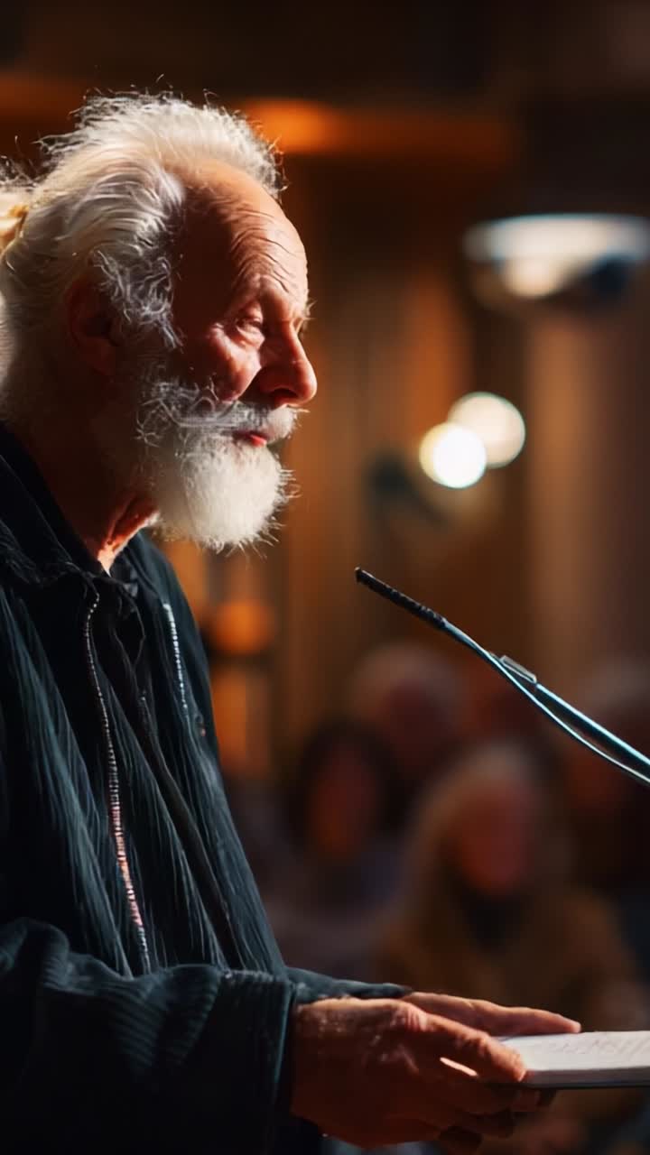 An elderly man passionately speaks at an event, sharing his wisdom and life experiences while engaging the audience with heartfelt delivery and warm expressions