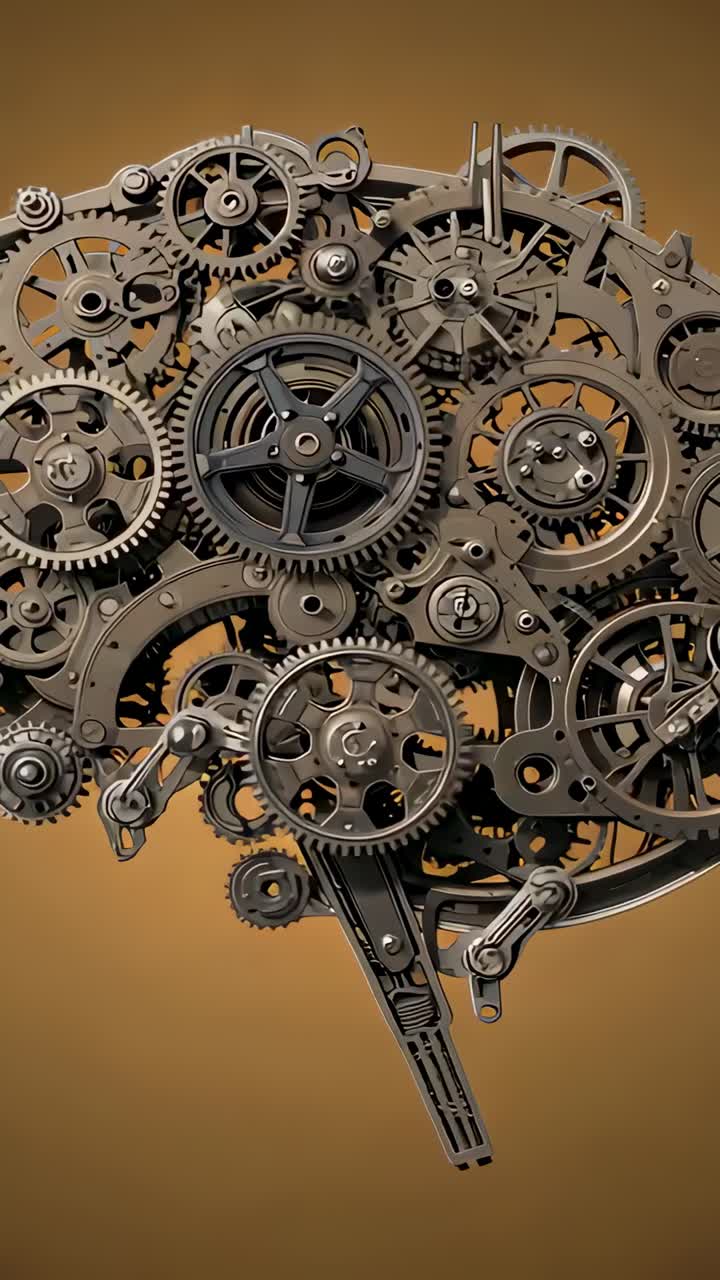 Vertical video: Zooming camera showing gear brain unit rotating meshing focusing on rods at studio