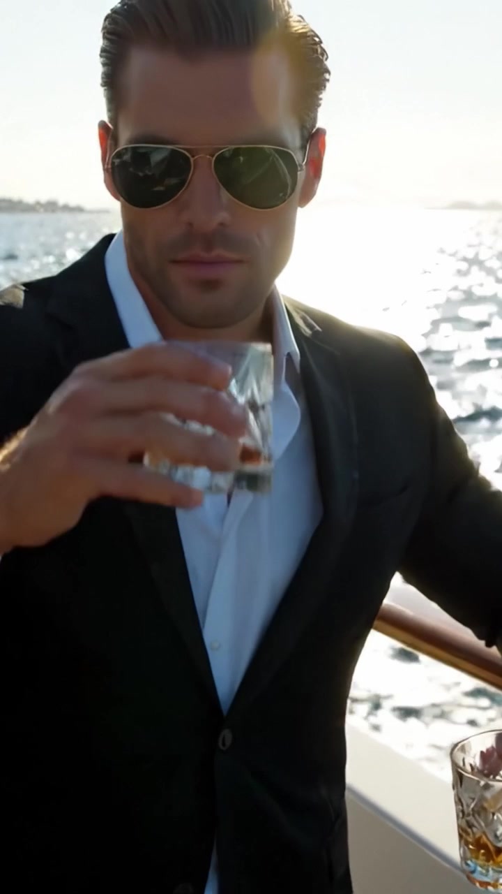 Un Caballero Elegante Disfruta de un Momento Sofisticado en un Yate de Lujo, Saboreando un Buen Whisky con un Pintoresco Fondo Acuático, Capturando Elegancia y Ocio.