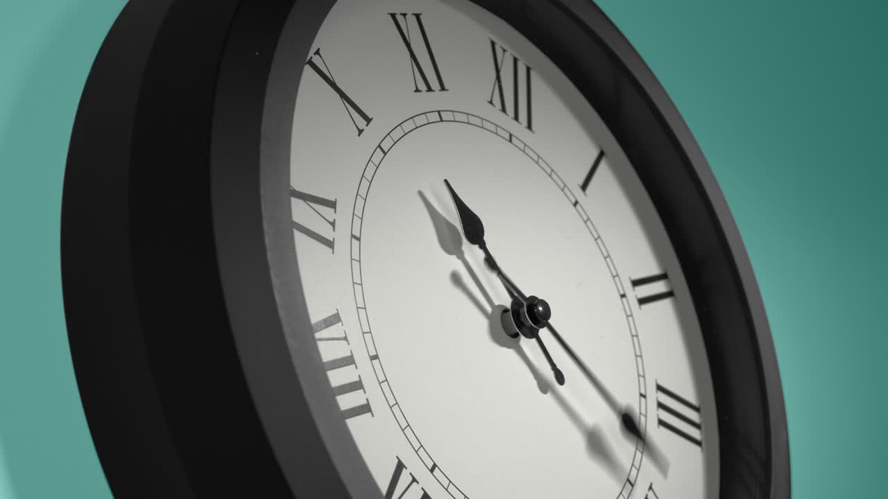 Latin Clock Face on Cyan Blue Aquamarine Celadon Sea-Green Wall in Time Lapse