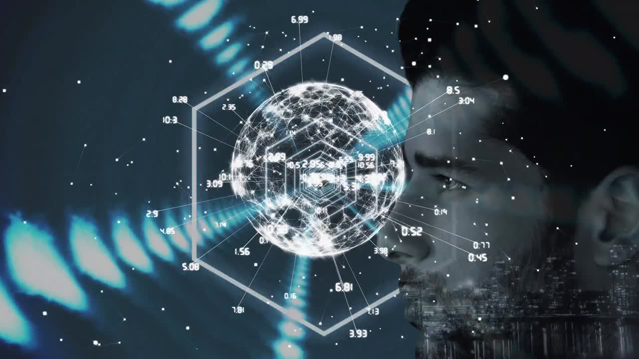Animation of globe with network of connection over man's face