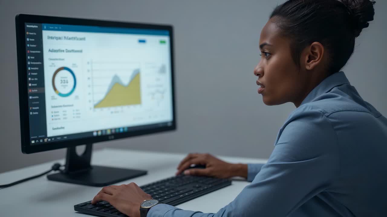 Spotting dashboard update, woman in blue blazer nudging mouse at desk, checking trends, copy space