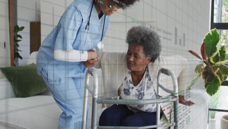 assisting elderly woman with walker, nurse and financial data animation overlay