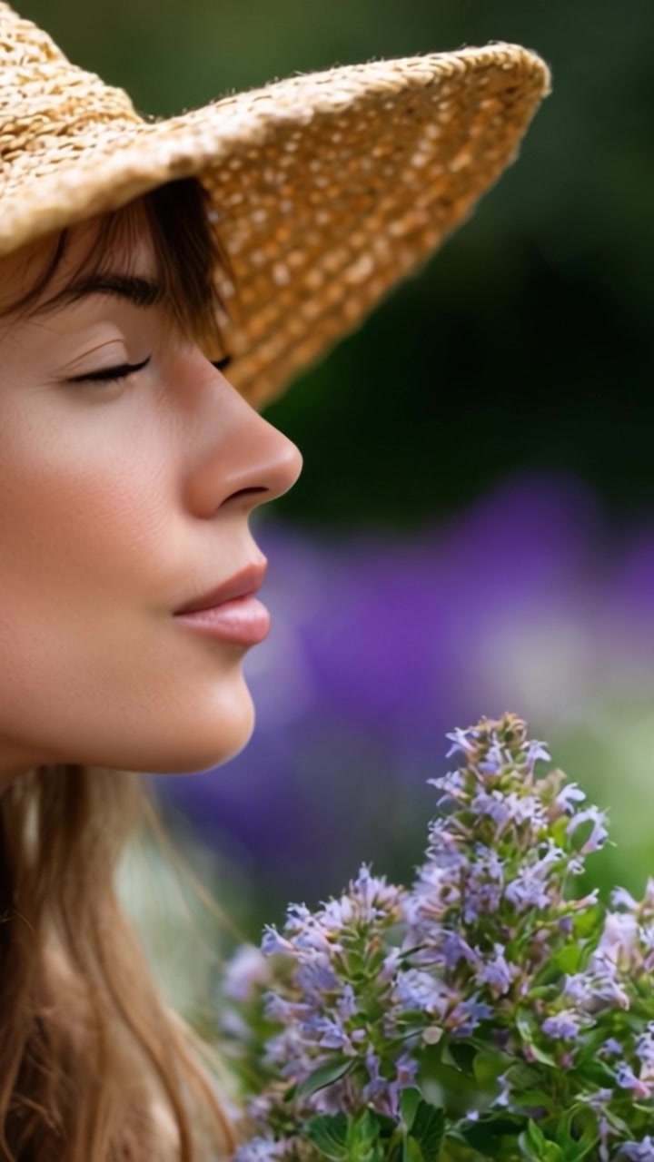 Cautivador Retrato de una Mujer con Sombrero de Paja Abrazando la Naturaleza, Rodeada de Hermosas Flores y Colores Suaves en un Tranquilo Jardín