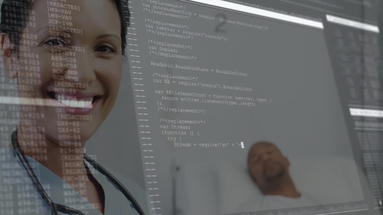 Female doctor wearing stethoscope overlaying code interface over patient bed for health technology