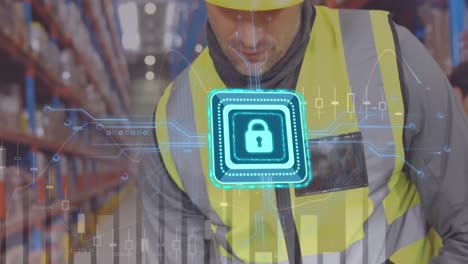 animation of padlock and data processing over caucasian male worker working in warehouse