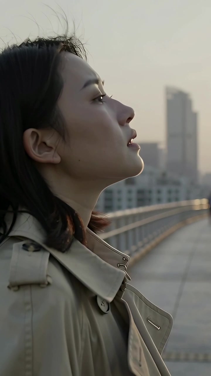 Video verticale: Donna in trench color marrone chiaro che inclina la testa guardando verso l'alto su un ponte, sentendo la luce dorata