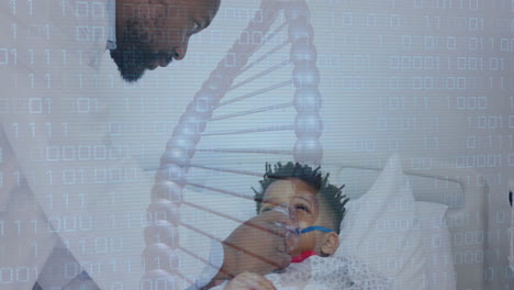 Animation-of-dna-strand-and-data-over-african-american-male-doctor-with-boy-patient