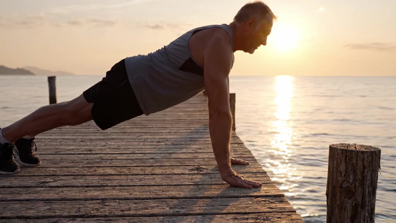 A determined individual performs push-ups at sunset on a dock, embodying strength and perseverance against a stunning water backdrop.