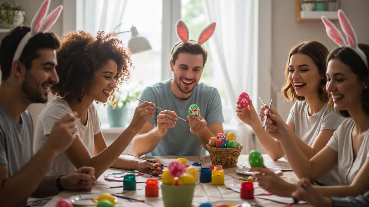Celebrating Together: A Group of Friends Joyfully Decorating Colorful Easter Eggs while Wearing Fun Bunny Ears in a Bright and Cheerful Living Space