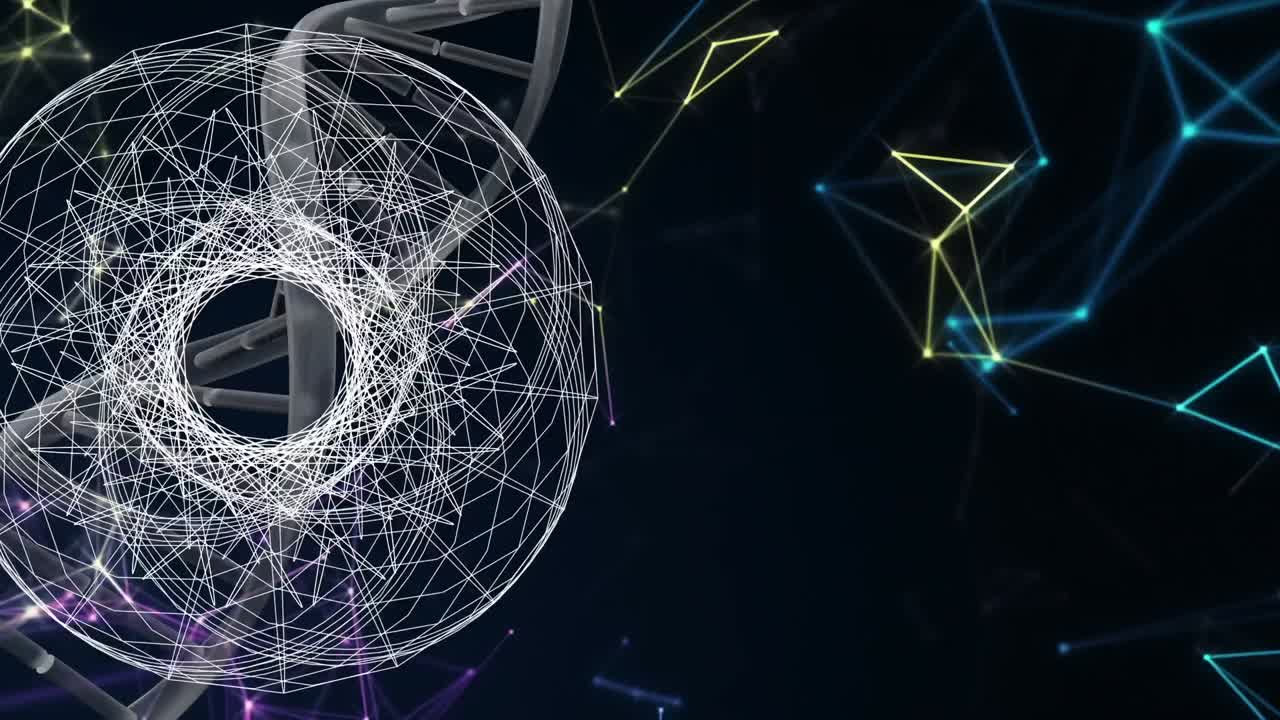 animación de redes de conexiones y cadenas de adn sobre fondo negro