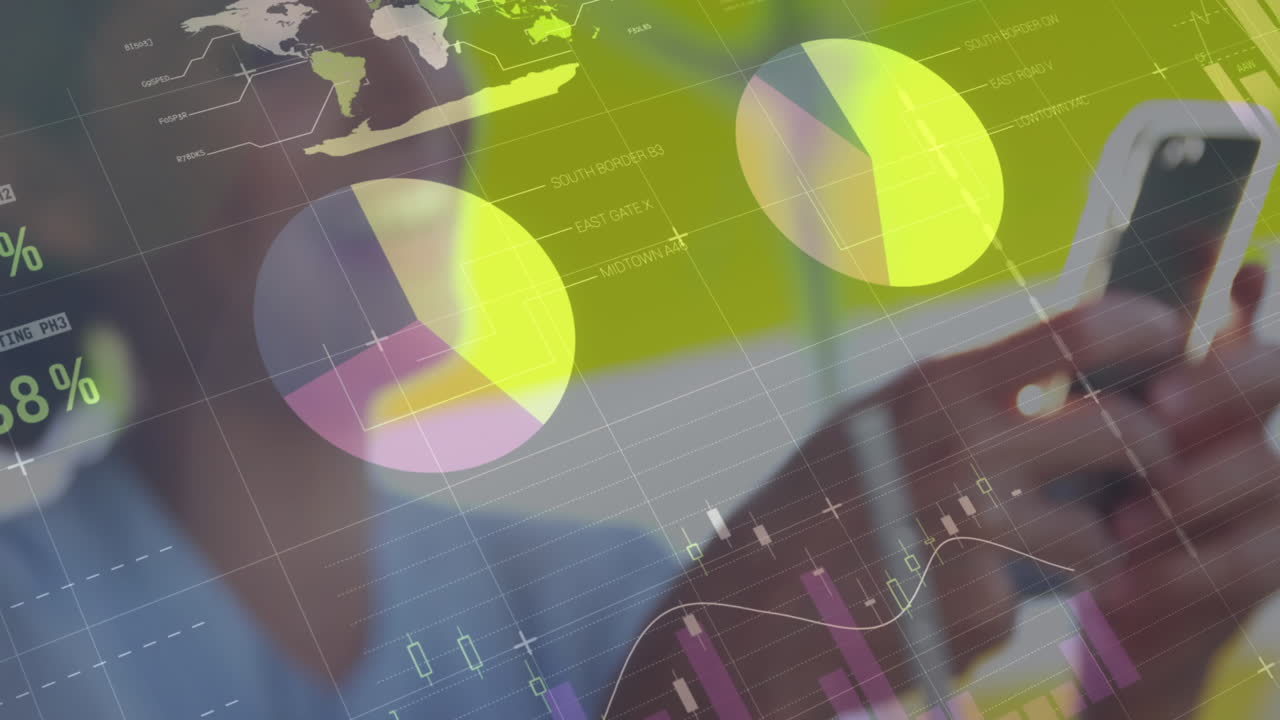 animación de estadísticas y procesamiento de datos sobre mujeres que usan teléfonos inteligentes