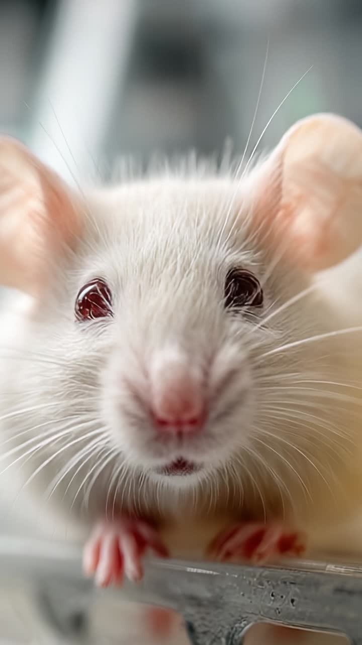 Primo piano di un simpatico topolino bianco con tratti distintivi catturato in due fotogrammi, che ne evidenziano i baffi, gli occhi grandi e la texture soffice del pelo, ideale per gli amanti degli animali