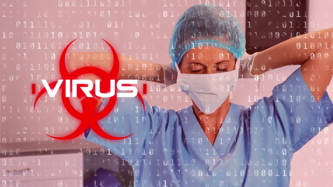 la palabra virus escrita sobre el signo de peligro para la salud con covid-19 se extiende sobre un médico con una máscara facial
