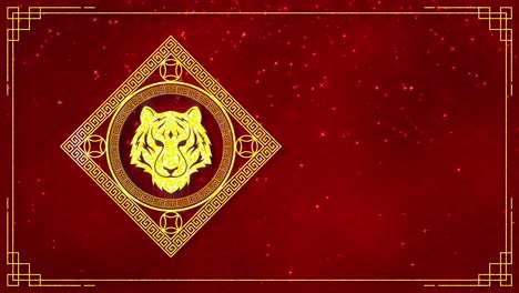 motion graphic of golden tiger logo with chinese new year and year of the tiger 2022 on dark red background and glitter particle in a happy new year concept seamless loop video