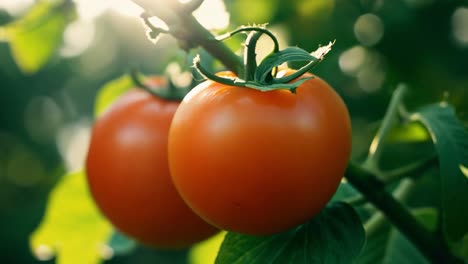 close up of ripe red tomatoes growing on a vine in a garden