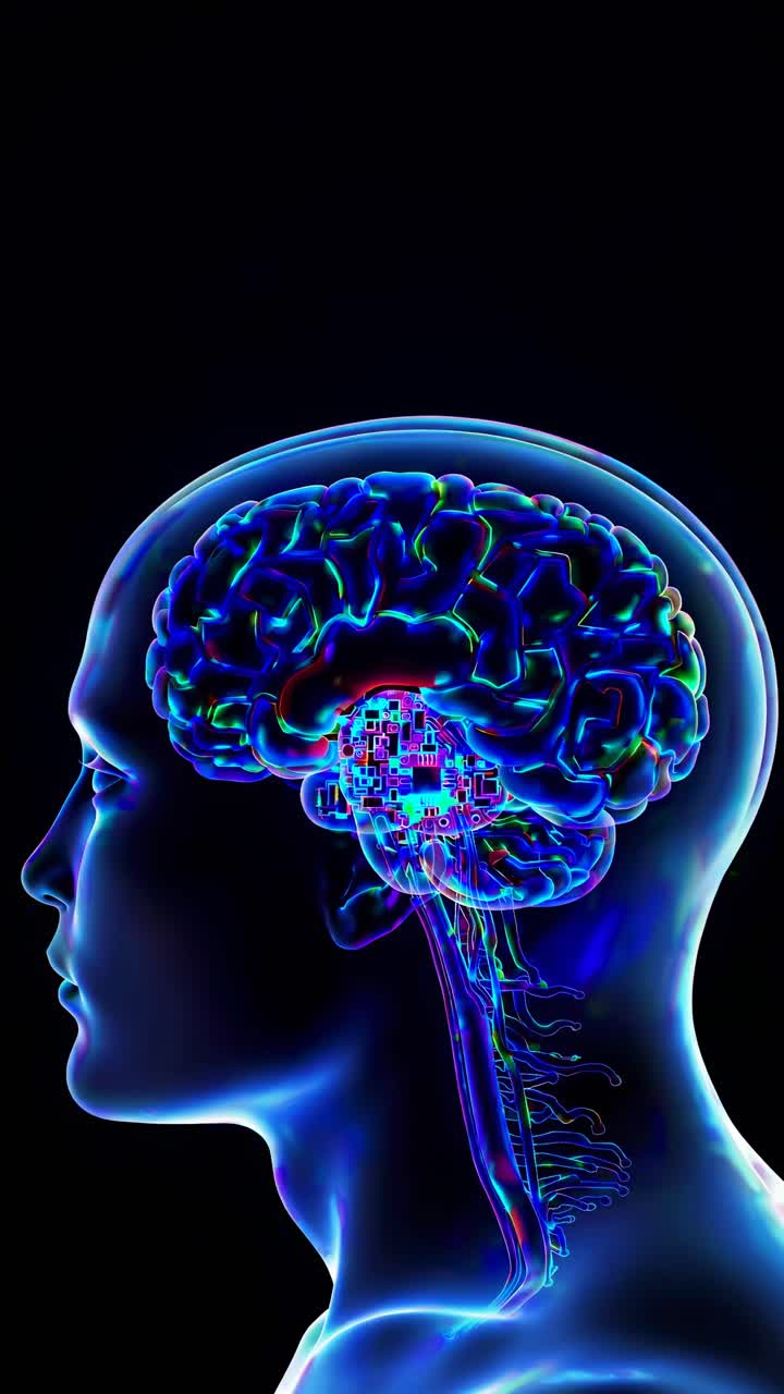 Profilo laterale di una testa umana con una sovrapposizione di un cervello digitale dai colori neon fluorescenti