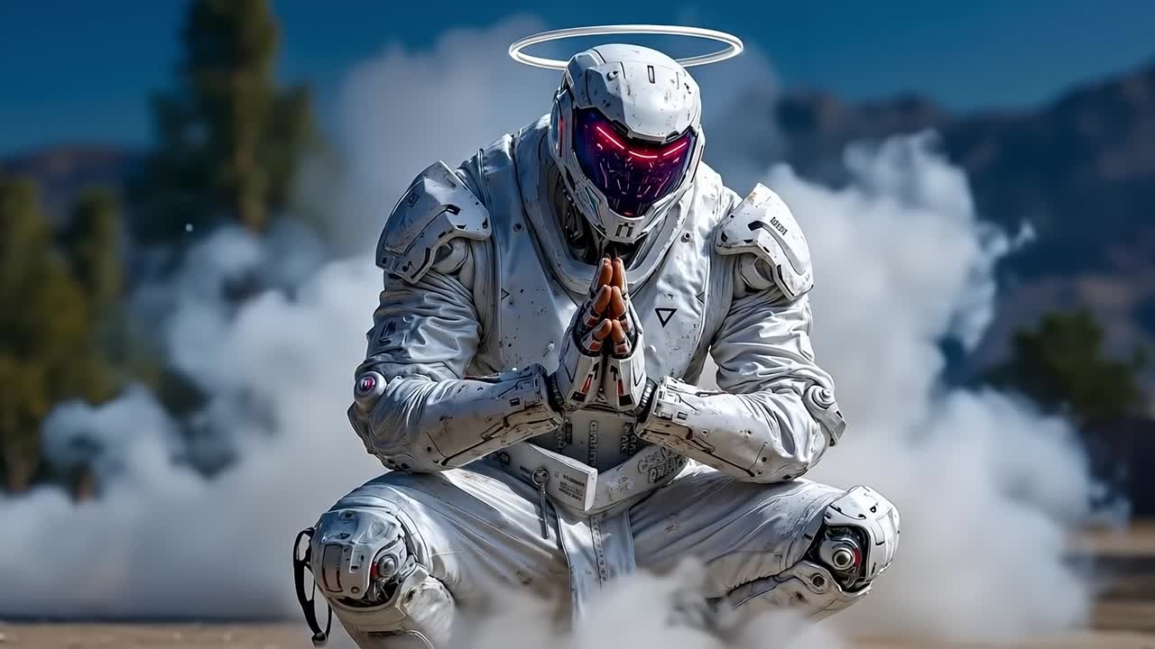 A man in a white suit with a halo on his head sitting on the ground