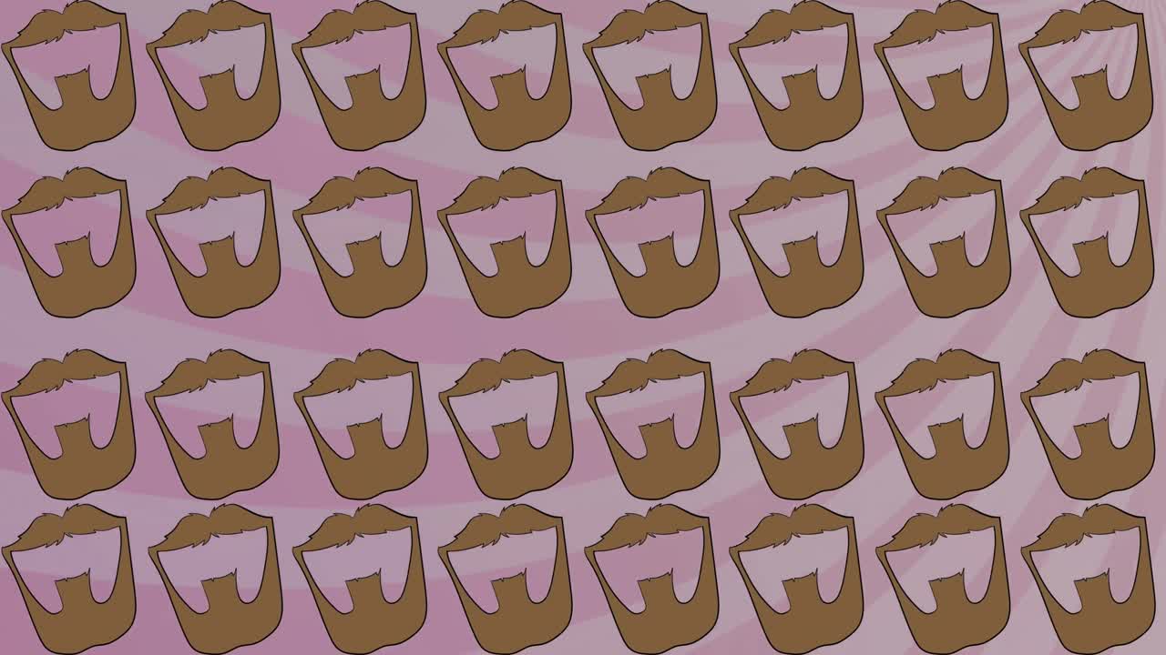 Animation of men's brown beards repeated over rotating pink stripes