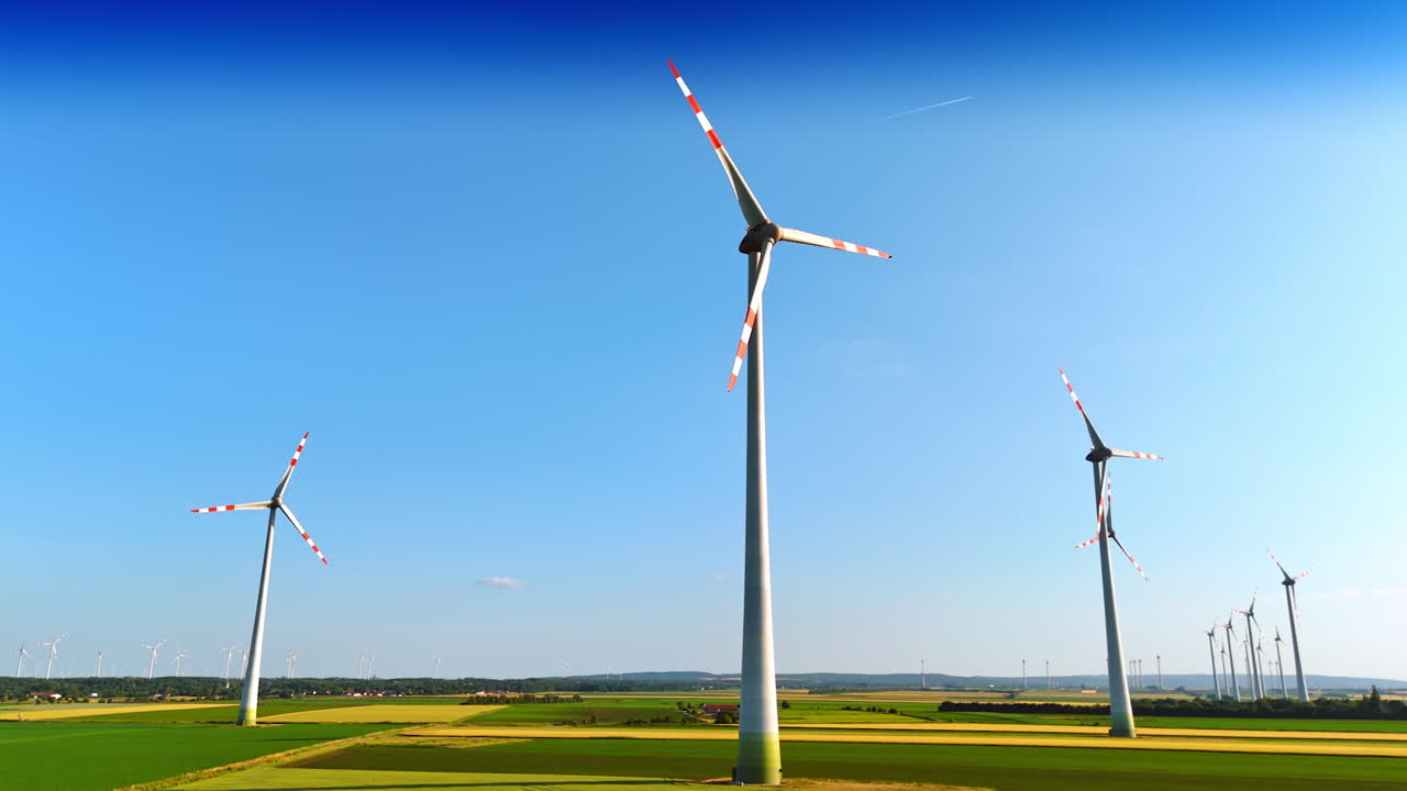 Wind turbines in a sunny rural landscape. Tall wind turbines rise against a blue sky above green fields, highlighting renewable energy in a serene countryside