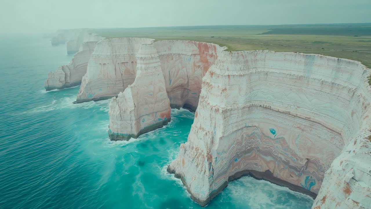 Drone gliding toward chalk cliffs above turquoise sea after launch, hovering over plateau