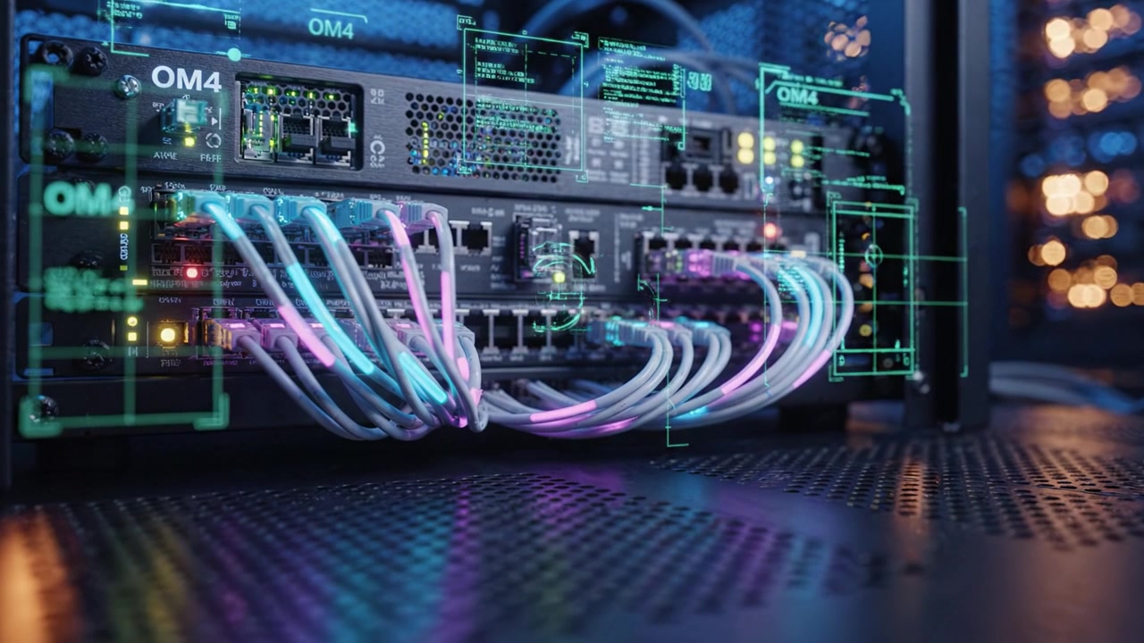 Detailed Close-Up of High-Tech Network Equipment with Colorful Optical Cables and Data Visualization Overlays in a Modern Server Environment at Night