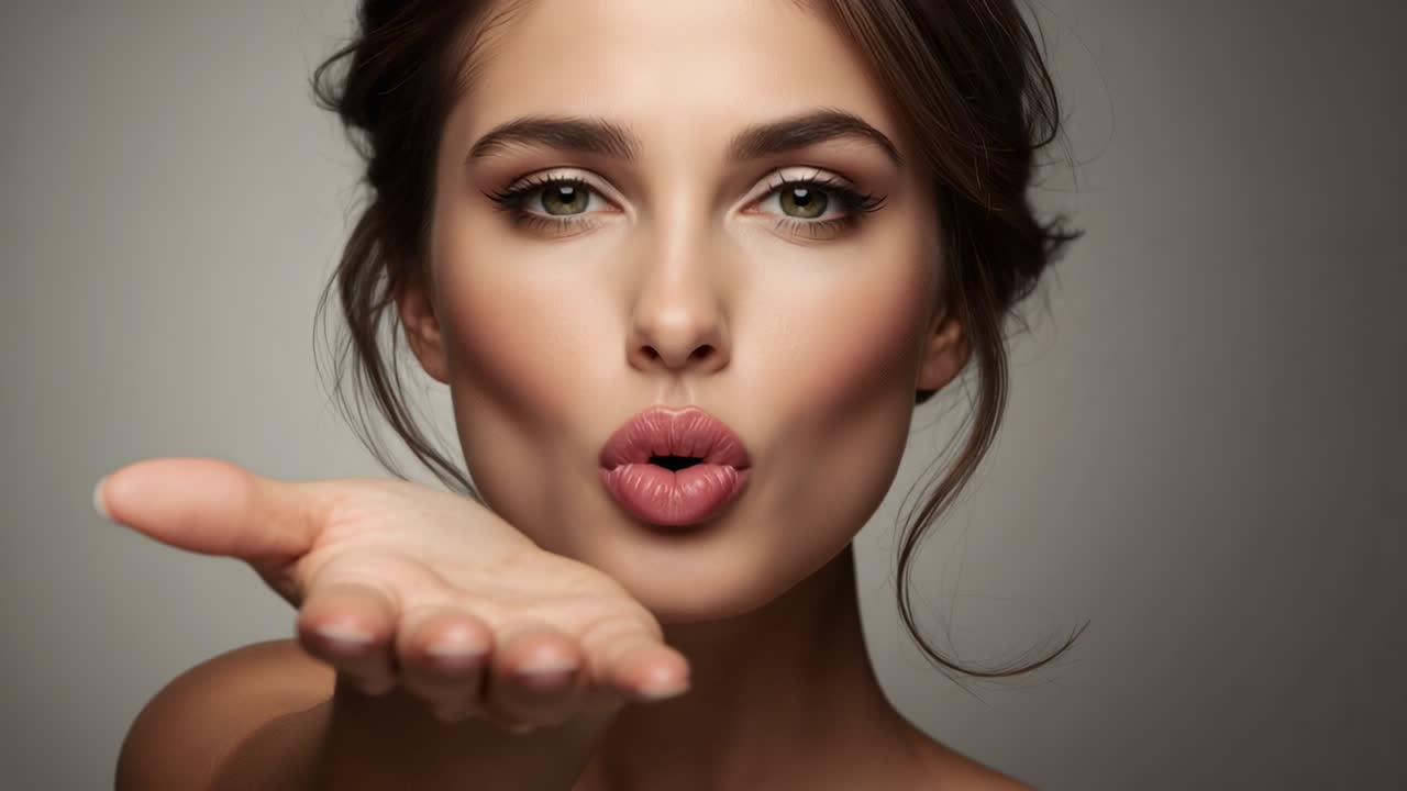 Modelo lanzando un beso en un estudio, a la señal para la cámara, con la mano extendida, maquillaje y hombros al descubierto.