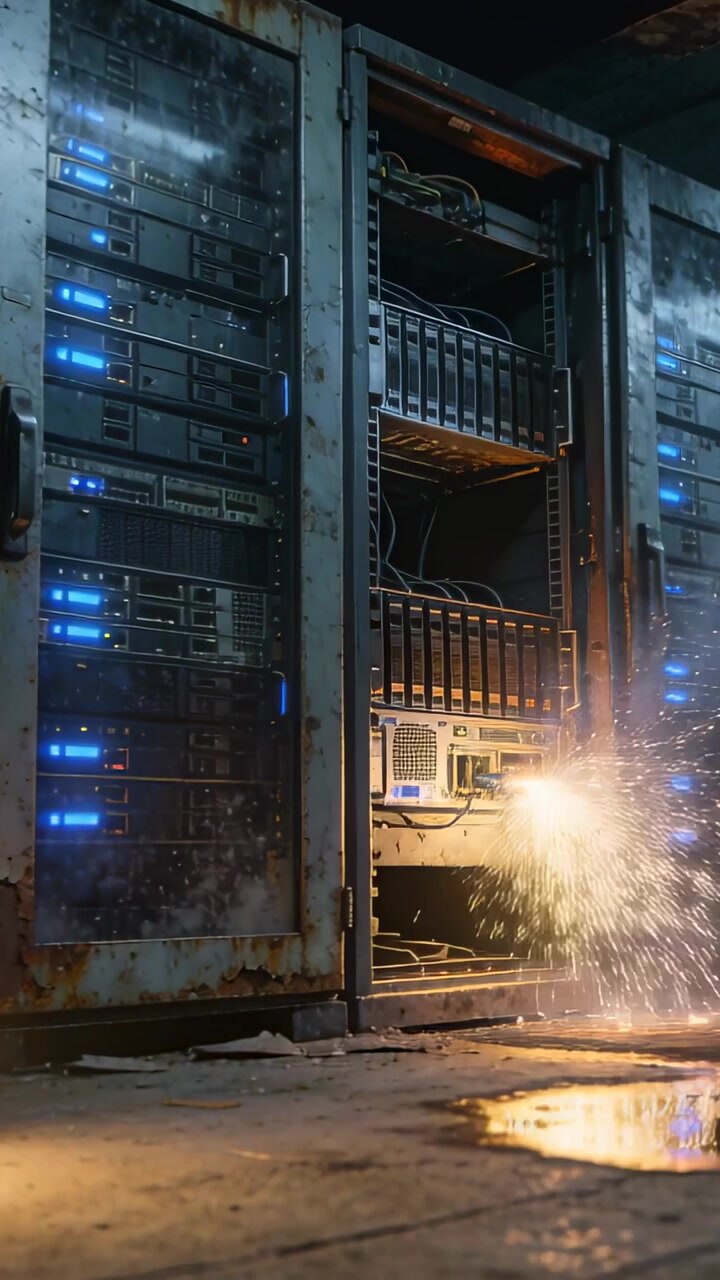 Video verticale: Rack metallico che emette scintille in una sala dati a causa di un guasto al modulo inferiore, LED accesi