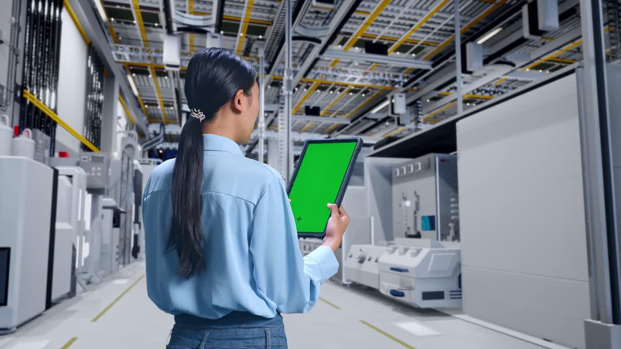 태블릿을 가진 공장에서 여성