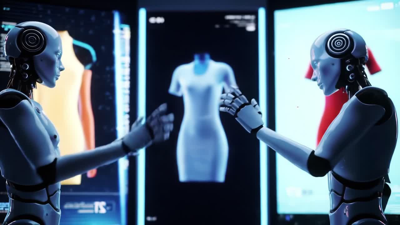 Two Advanced Humanoid Robots Engaging in Interactive Fashion Design Conversations with Digital Dress Displays in a Futuristic Environment