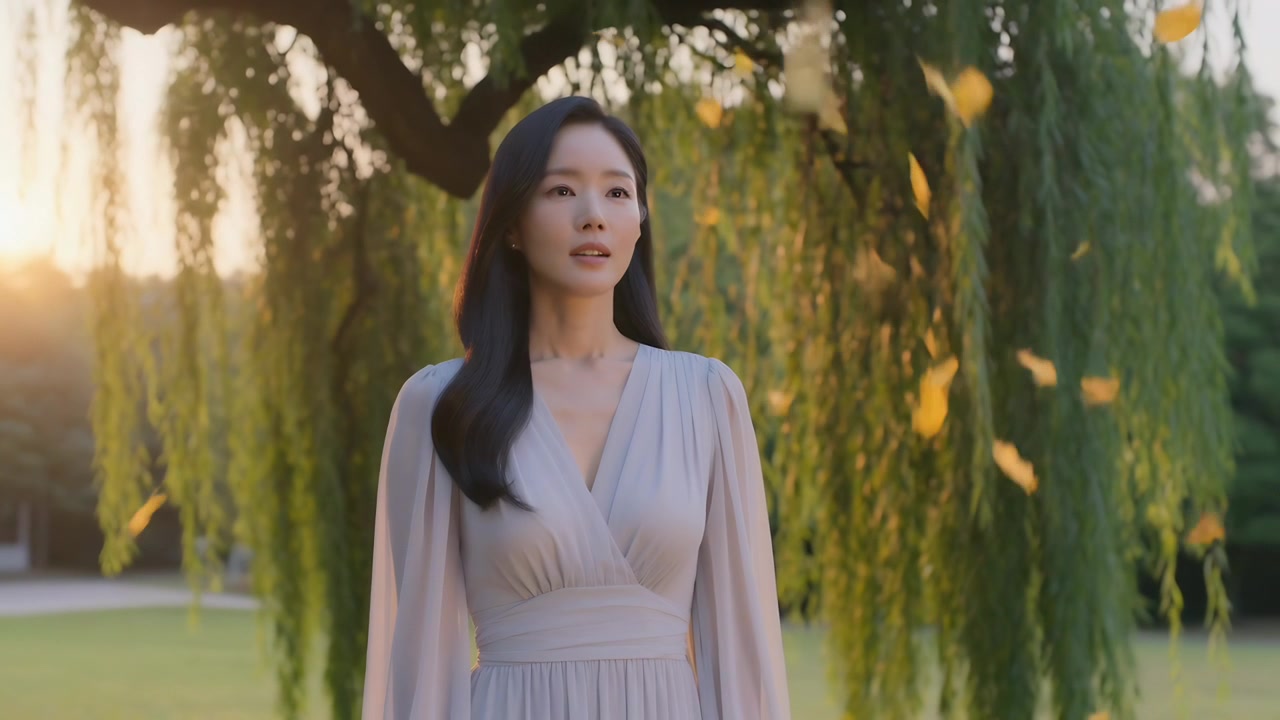 公園裡，微風從右邊吹來黃色花瓣，穿長裙的女人在柳樹下看著這些花瓣。