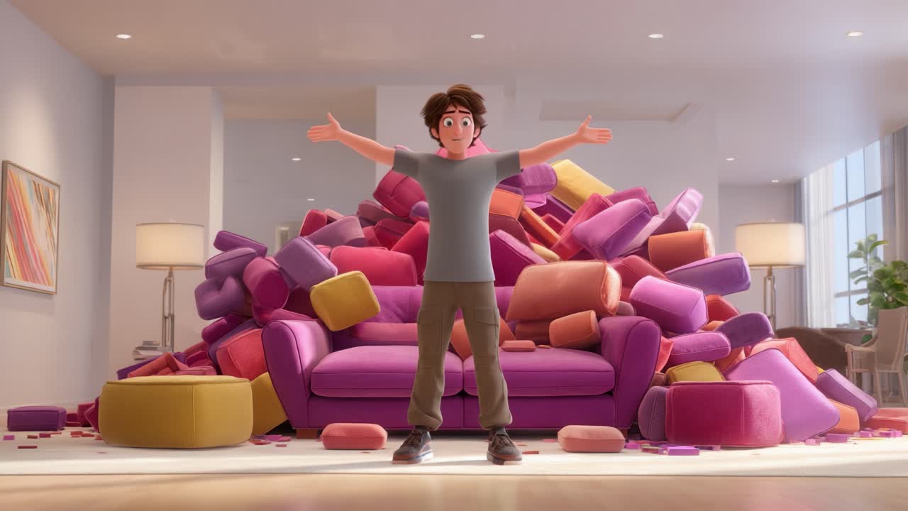 An Animated Character Enthusiastically Embracing a Fun and Whimsical Environment Surrounded by Colorful Cushions and Soft Objects, Highlighting Freedom and Joy in a Cozy Living Space