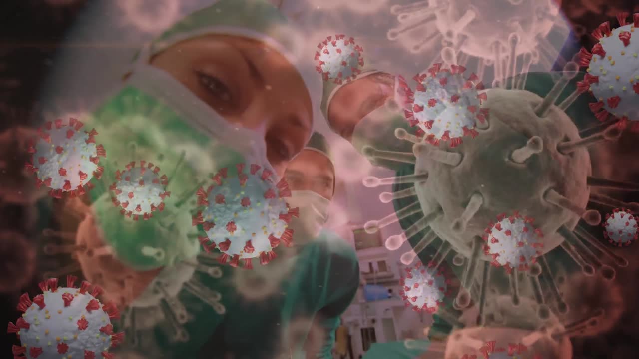 Animation of 3d covid 19 cells floating over doctors wearing face masks