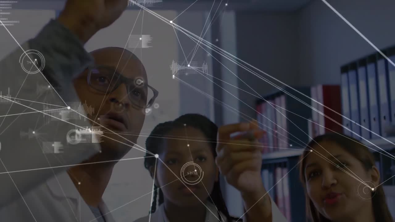 Animation of network of connections over team of biracial male and female doctors