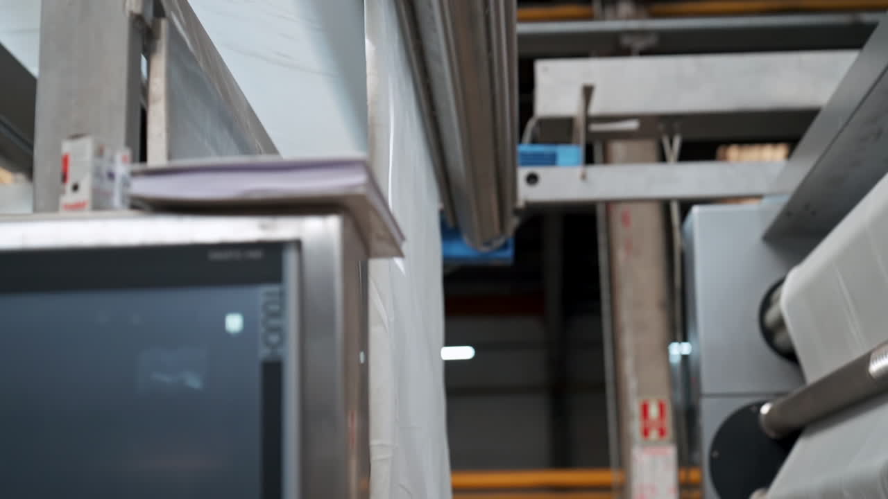 강철 드럼이 있는 산업 기계는 흰색 직물을 접고 공장에서 옷을 자동으로 어수선하게 만듭니다.