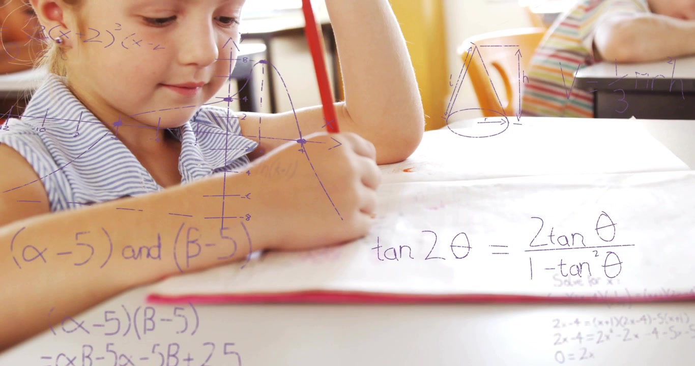 Student settling in classroom grasping red pencil and activating math overlay for solving algebra