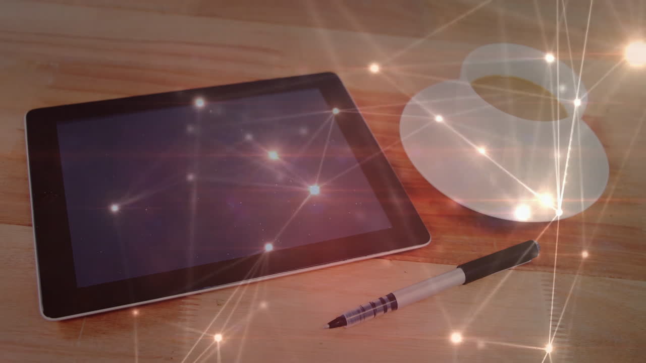 Tablet sitting angled on 3D wooden desk, coffee cup waiting beside pen, network lines glowing