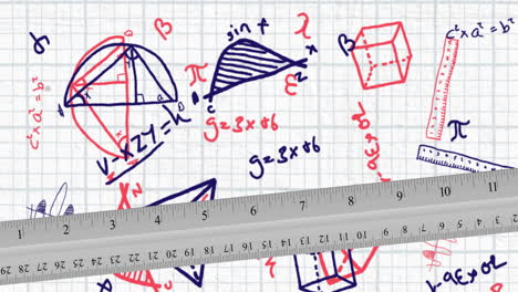 ruler against mathematical equations and diagrams on square lined paper