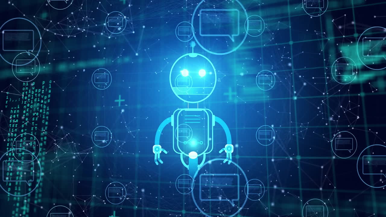 robot con ojos brillantes y diagramas de circuitos, animación de tecnología futurista