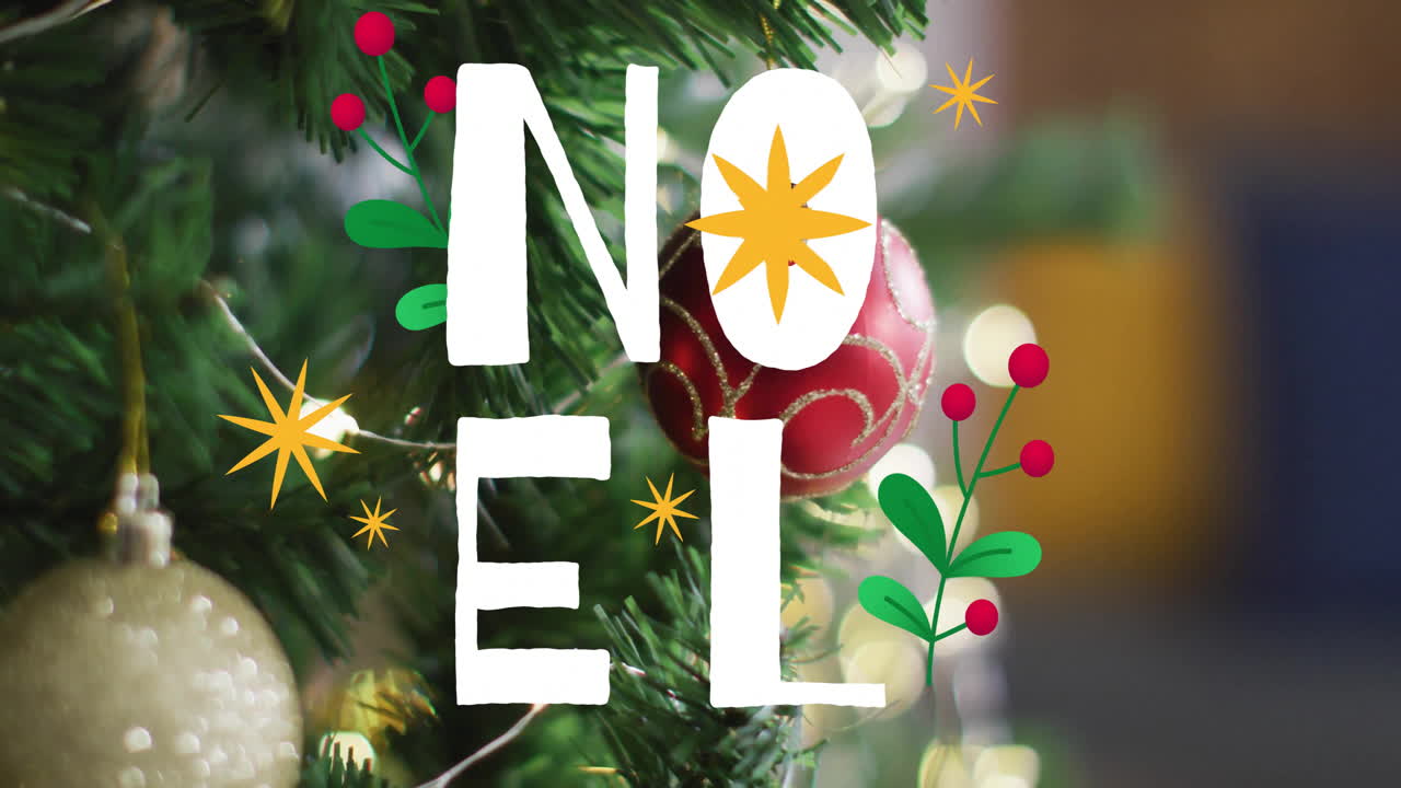 animación de texto de navidad y flores sobre el árbol de navidad