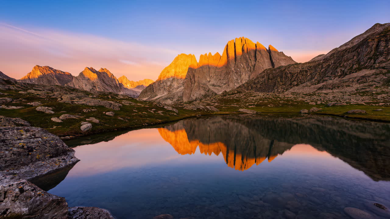 Splendido riflesso montano al tramonto o all'alba